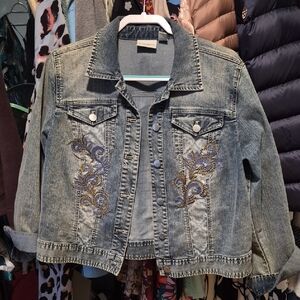 Chico's Blue Jean Jacket with Embroidered Details